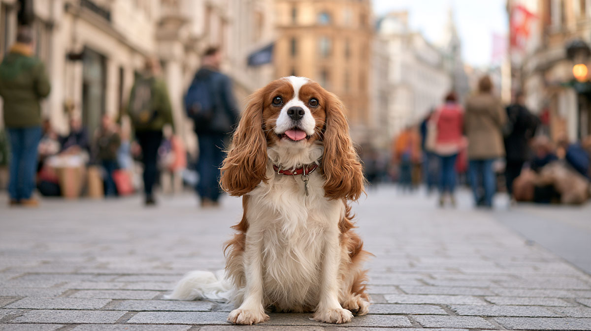 Cavalier King Charles Spaniel in a city