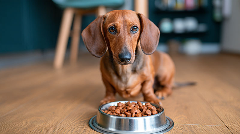 Dachshund eating from a bowl, used to illustrate daily feeding amounts